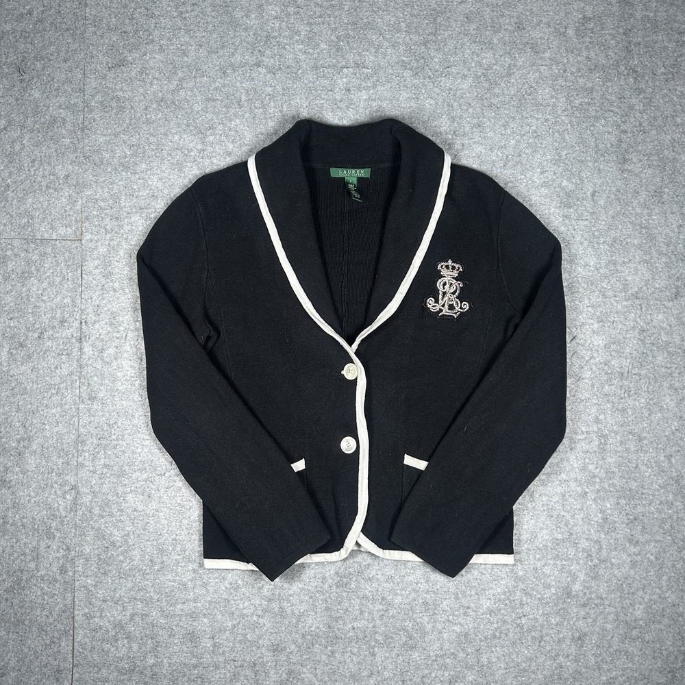 Vintage Lauren Ralph Lauren Sweater Womens Large Black With Cream Trim Y2K Crest